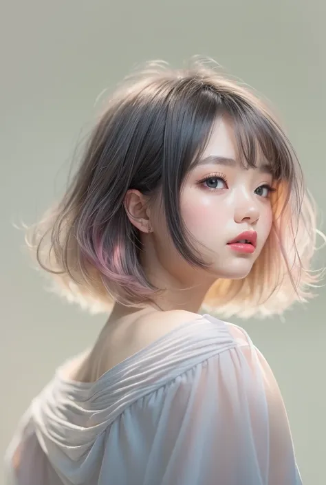 ((extremely realistic)), ( super real), generate a highly realistic image, white backdrop,,15-year-old female,毛先ピンク色のshort bob b...