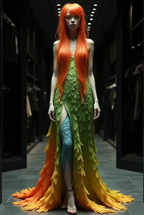 Tall , sculptural body,  long wet red hair ,  orange fringe in gradient 
Makeup Degraded yellow eye shadow 
Totally green dress, Melt in orange and blue , bird feather style ,  model with tail 
Scenery :  luxury store black walls  