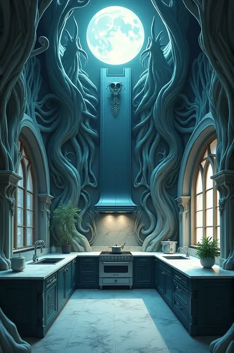  I want you to create the image of a complete and luxurious kitchen .  With the aesthetic based on Bleachs hueco world  (  not to create a kitchen with drawings from Hueco Mundo ,  but a kitchen as if it were part of that universe ). Anyway, Use manga trai...