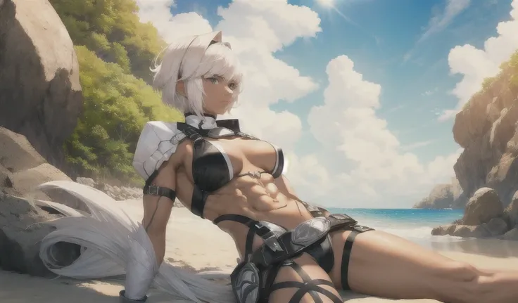   White Hair Short Hair Big Chest Black Skin Beauty，bikinis，Abdominal muscles，thigh，Sunlight，beach，  high resolution , Low Harness Tail, 