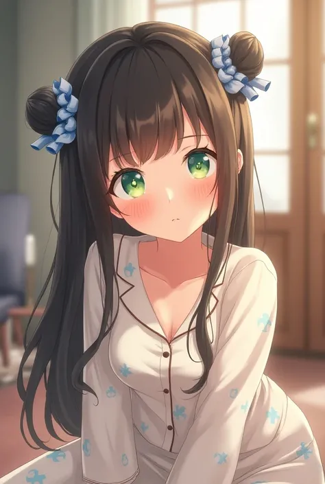 pretty girl,  long hair with blue and white curlers, green eyes, girl&#39;s pajamas, Background in your house, anime,blushing, looking to the side 