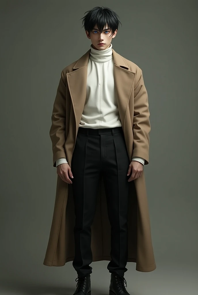 26 year old man, 1,77 tall, White, Lean body, Black hair is very sharp,  heterochromia right eye blue and left honey-colored,  white turtleneck blouse , black pants and boots ,  light brown overcoat .