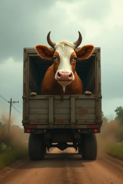  A brown and white cow , Called Clarinha , on top of an animal transport truck,  with a slightly open back door .  The weather is cloudy ,  and the rural road is dirt .  Other animals are around her ,  but Clarinha looks out ,  anxious to escape 