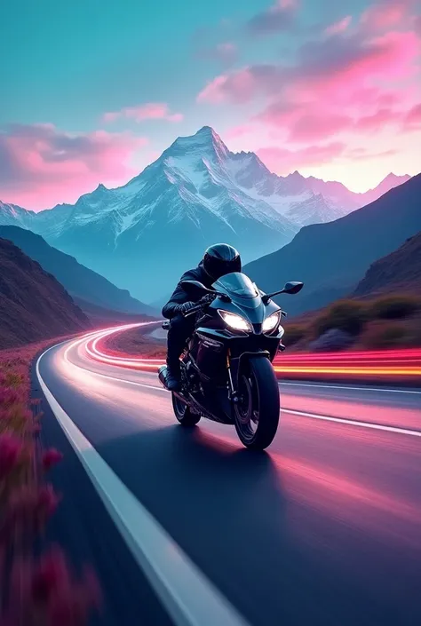 Kawasaki Ninja H2R With Riding On Highway Road Background Mount Everest And Neon Light And Sky Rainbow And Natural Environment And Colourful Nature Blur Traffic And Drifting