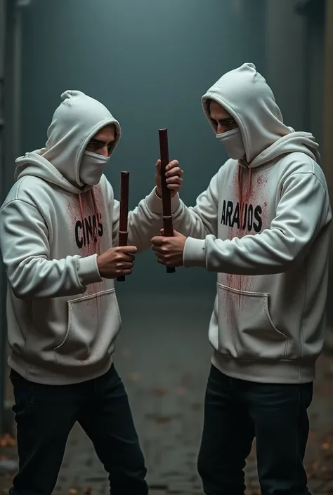 Two men wearing white sweatshirts and white balaclavas ,  one wearing sweatshirt written CNS and the other written ARAUJOS both with iron bar in their blood-stained hand