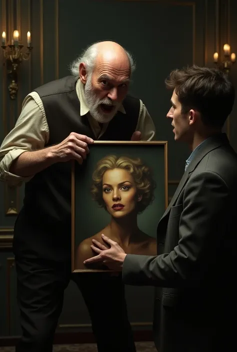  An angry old man showing a young man the painting of a girl about to die, The girl is whispering to the young man 