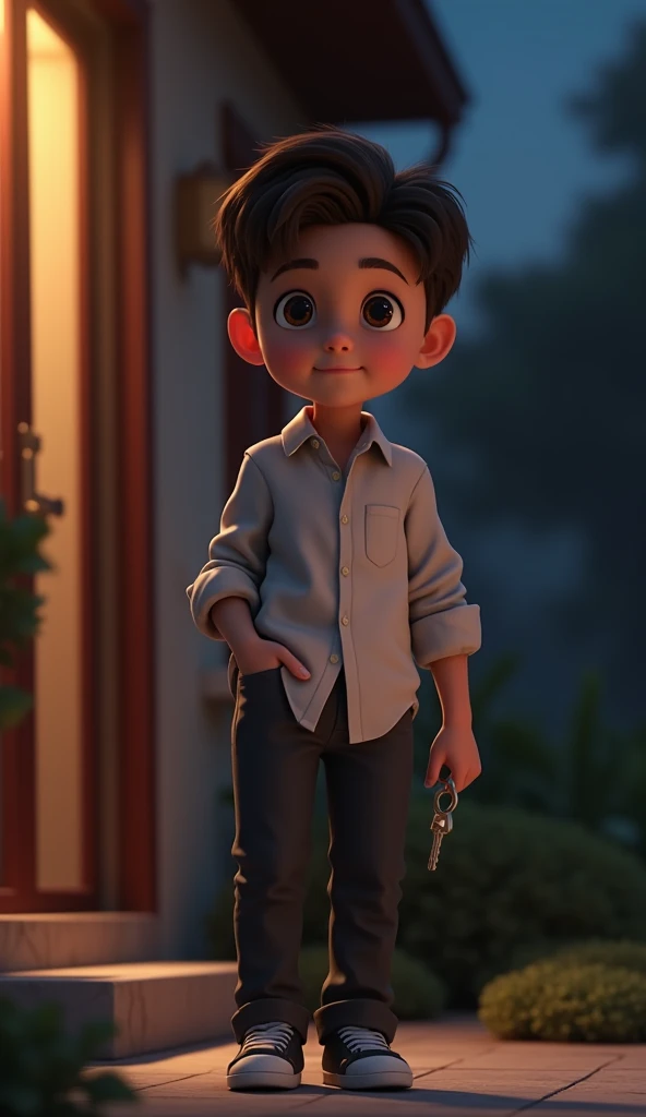 Close -up a boy standing hold the key in pocket outside for house in door close in night 3d animation, wear attractive clothes pants shirts, good figure,