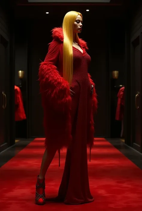 Tall , sculptural body, Through the yellowed ,  long straight hair up to red feet 
Rubys red stone dress attached to her body
Large red down jacket 
High heels long feathers orange 
makeup;  black eye shadow 

Scenario : luxury store, black walls,  red fir...