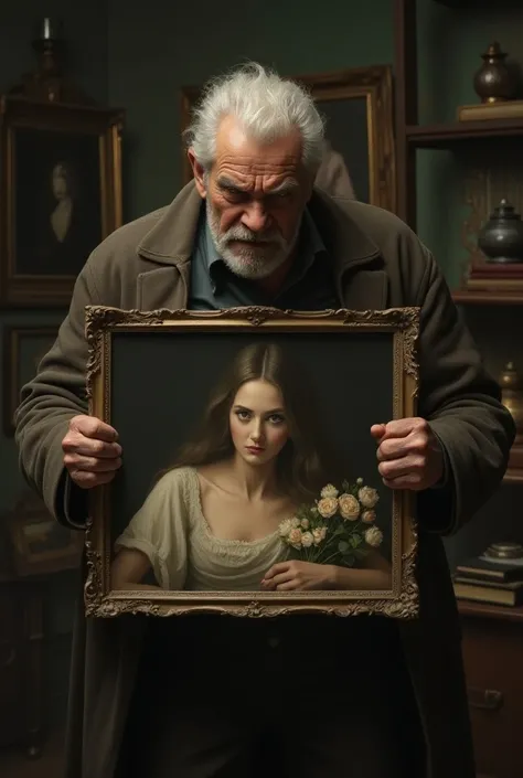 A very angry old man showing a frightened young man the painting of a young woman on her deathbed