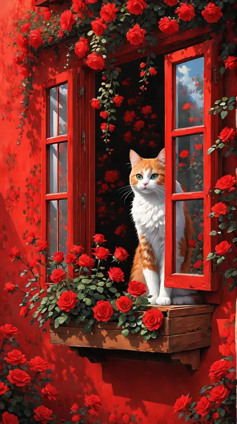 a cat sitting in a window surrounded by red flowers, red wallpaper background, red wallpaper design, photo of a beautiful window, red wall, black and red background, roses background, the window, deep red background, open window ib background, open window ...