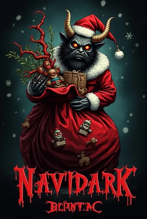 Design a logo for a festival called NAVIDARK Bogotá the idea is a horror festival in the Christmas season December 21, 2024 the idea is a krampus in a Santa costume with a red sack full of macabre toys and rolls of movies and below in the image the message...