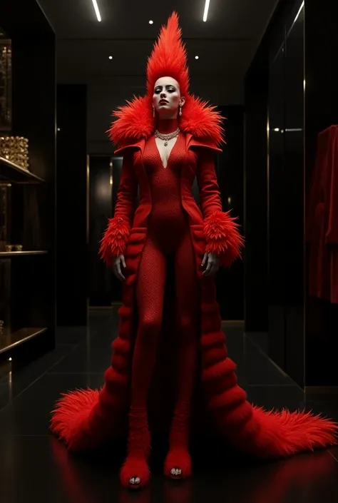 Tall , sculptural body, Through the yellowed ,  red hair pointed with orange feathers 
Rubys red stone dress attached to her body
Large red down jacket 
High heels long feathers orange 
makeup;  black eye shadow 

Scenario : luxury store, black walls,  Bla...