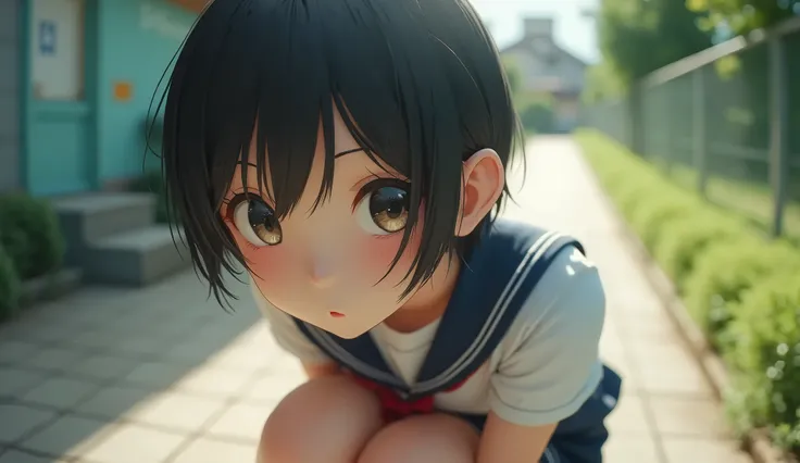 Ultra high definition， High Resolution ，Best Quality，8k， background blur ，Cinematic light effects，Reflected Light， lens flare，Focus， textured skin，((Fisheye Lens))， Japanese High School Girls ，A face that leaves a little ish ，Shiny black hair， short hair，S...