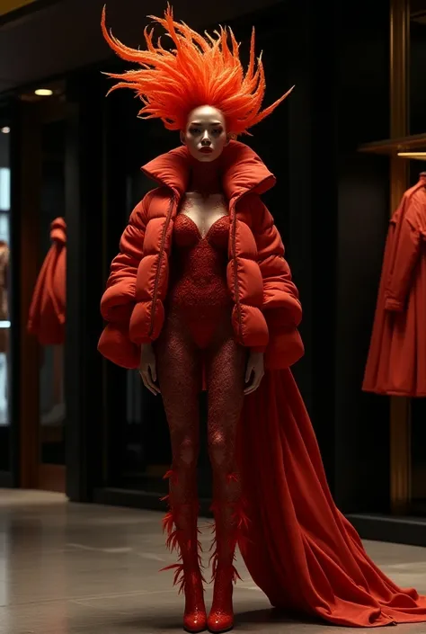 Tall , sculptural body, Through the yellowed , Pointy red hair with orange feathers 
Fire dress attached to Rubys red stone body
Large red down jacket 
High heels long feathers orange 
makeup;  black eye shadow 

Scenario : luxury store, black walls,  Blac...