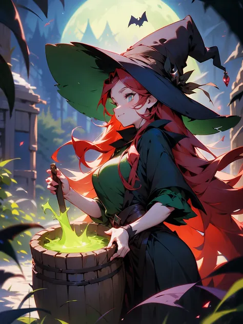 a seductive anime witch with long red hair, wearing a revealing green and black outfit. she stirs a glowing cauldron under the n...