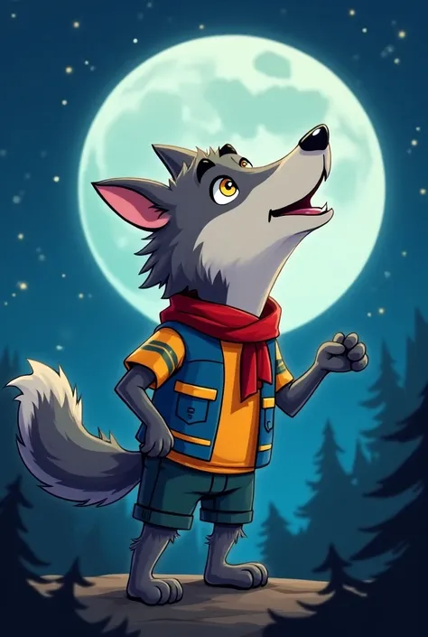 Create a cartoon wolf mascot scout howling under the moon with a RED AND BLACK scarf with the blue and yellow shirt