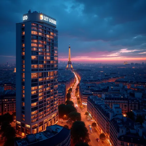 A 16k photograph of the Infinity Park hotel with a million-dollar view of the shiny, beautiful, colorful Paris cityscape at night. The image is taken from a slightly above angle, looking downward at the view of the cityscape. The photograph has a high reso...