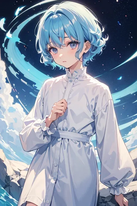 Beautiful Boy　1人のBeautiful Boy　Baby Face　 short stature 　Light blue hair　 short hair　Hairstyle　Curly hair　Downcast eyes　Violet eyes　white baggy long sleeve shirt