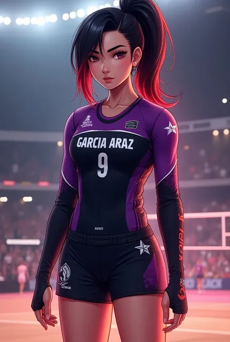 Create a womens black and purple volleyball uniform number 27 written Garcia Araz with a white girl with black and red hair, wearing it on the back and the front 