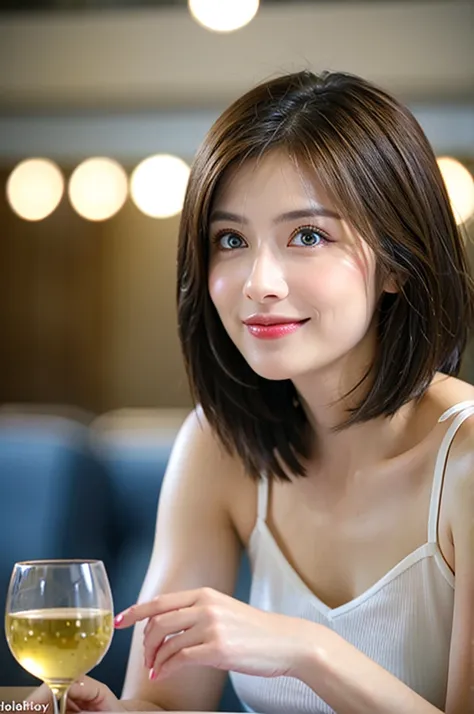 ((White Wine)),((Wine Glasses)),(Realistic, 超Realistic:1.4), 16K HDR,  High Resolution ,((White Wine)),((Wine Glasses)),Happy smile、short hair,The best smile、Japanese actress,so beautiful(It looks like the real thing),dress、Slim couple、Model Couple、(Realis...