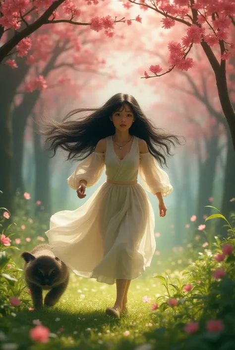 A  with long black and fluffy hair running into a cherry tree forest with a creature following her. 