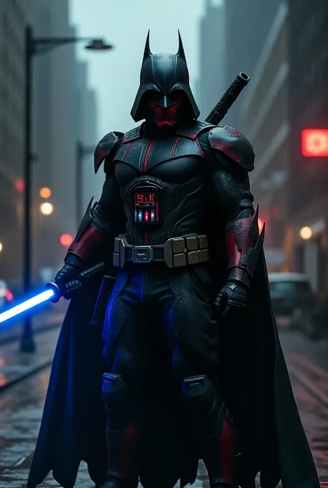 Uma mistura entre o Batman e o Deadpool  e o dart vader em gotham city, holding a blue lightsaber