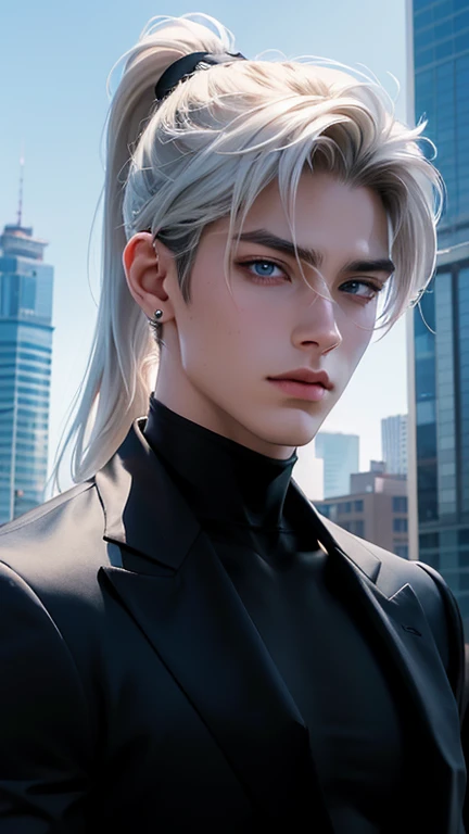 ((1 man) 21 years old) anime character, handsome man, badass anime 8k, epic fantasy digital art style, detailed digital anime art, perfect eyes, perfect skin, extremely detailed artgerm, waist up, portrait, white hair, blue eyes, cityscape background, wear...