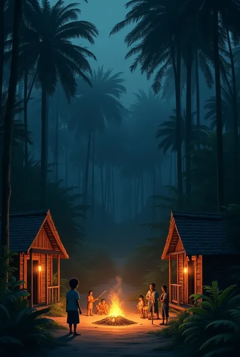 "A peaceful rural village at dusk, set deep in a dense forest with tall banana trees (tani trees) surrounding it. The wooden houses are lit by soft lantern light. Villagers gather around a small fire, talking about ghost stories, with a sense of unease. Ka...