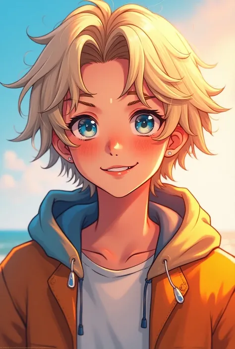 , fair hair and an infectious smile ,  Julian has a radiant presence .  Her style is relaxed , , often wearing comfortable, colorful clothes that reflect his vibrant personality.
19-year-old anime-style  