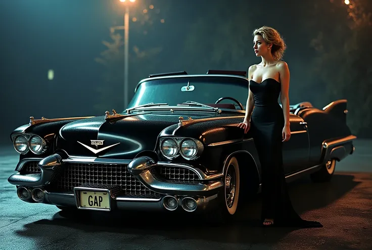 Photograph of the rear of a 1959 Cadillac Eldorado Biarritz convertible hot rod surreal gothic style, image behind, star wheel, WIDE WHEEL, written the letters "gap" On the license plate, Metallic black color, ILLUMINATED HEADLIGHTS, sunglasses, Golden det...