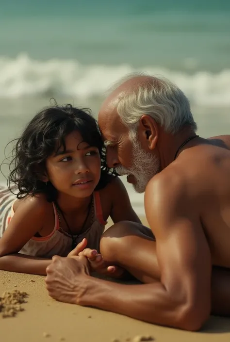 a kerala dusky school girl black hair in a beach and an indian naked man in his 80s lying next to her on the bed seeing her hugged her from behind,highly detailed,photorealistic,8k,masterpiece,studio lighting,vivid colors,natural lighting,warm color tones,...