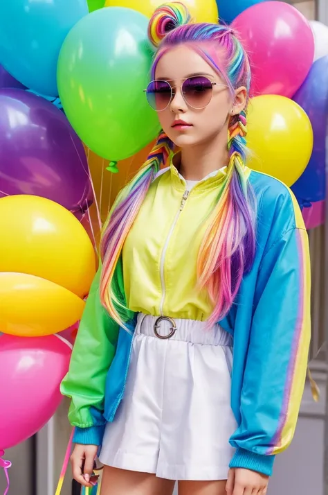 masterpiece, best quality,
1 girl, pretty and cute, (rainbow color Highlight Hair,colorful hair:1.4), wearing blue and purple sunglasses, yellow jacket with white pattern, white sweater, many colored balloons, doll face, ponytail braid, perfect detail eyes...