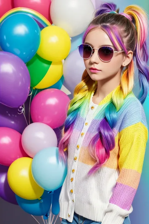 masterpiece, best quality,
1 girl, pretty and cute, (rainbow color Highlight Hair,colorful hair:1.4), wearing blue and purple sunglasses, yellow jacket with white pattern, white sweater, many colored balloons, doll face, ponytail braid, perfect detail eyes...