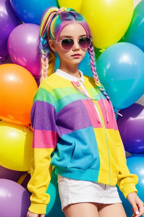 masterpiece, best quality,
1 girl, pretty and cute, (rainbow color Highlight Hair,colorful hair:1.4), wearing blue and purple sunglasses, yellow jacket with white pattern, white sweater, many colored balloons, doll face, ponytail braid, perfect detail eyes...