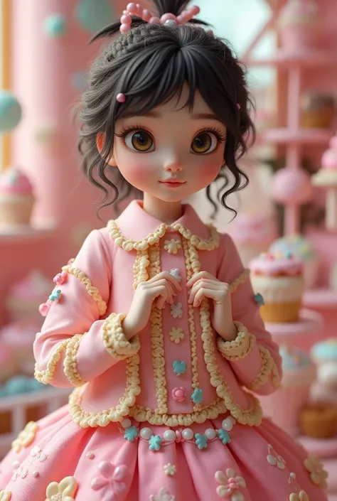 A  ,  brunette  with little light-eyed black hair dressed in a pastry outfit with various candies 