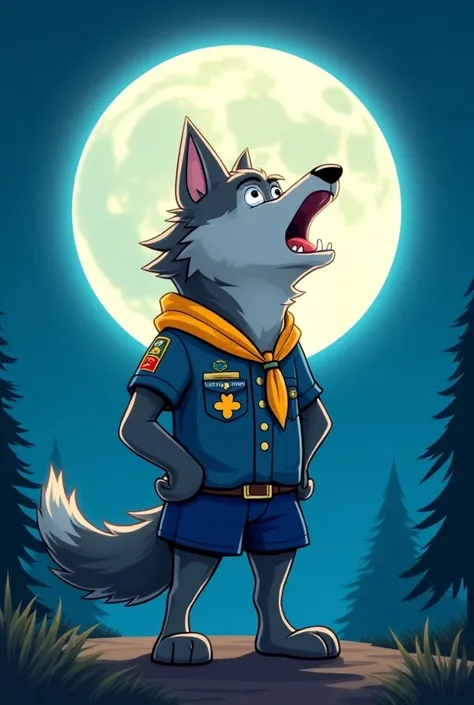 Create a cartoonized wolf scout mascot with blue and yellow clothes howling under the moon