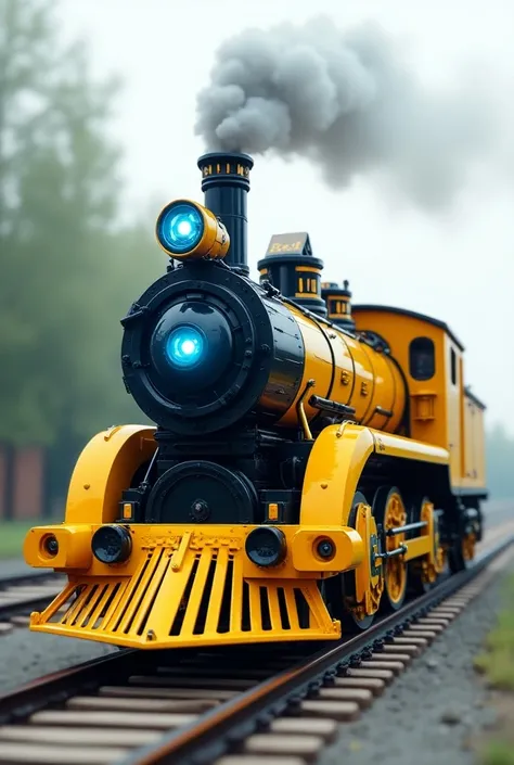 Steam locomotive with a modern and electric futuristic design manufactured in 2019 in the color yellow, four small wheels and four drive wheels with bright blue headlights on the front and the locomotive has a lively expression in the Smoke Box 