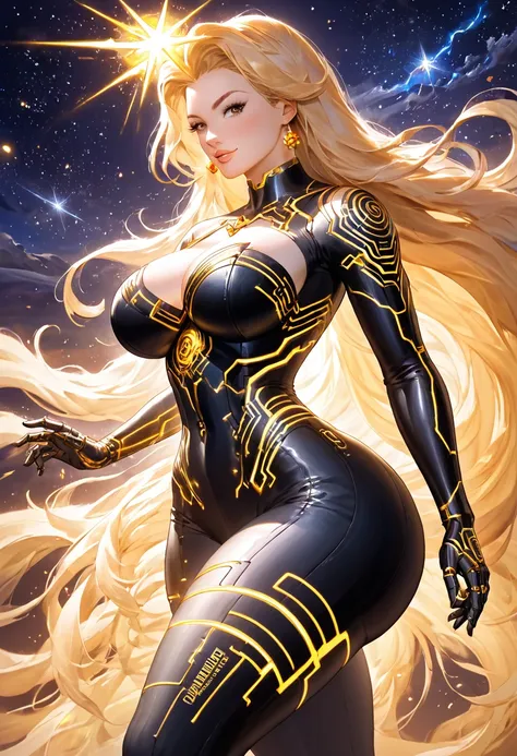 (a beautiful female robot goddess, cinematically adorned. (quantum energy galactic shaman fantasy), fantastic magic, long hair, ...