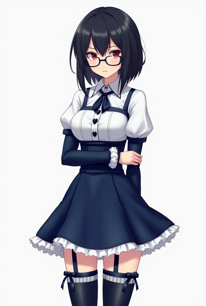 girl,  tall build , thin and flat,  jet black hair Bob style cut ,  red eyes with a penetrating and sharp look , serious and intellectual air ,  librarian black lenses , magic girls uniform ,  a high-waisted bubble skirt full of crinoline white and navy bl...