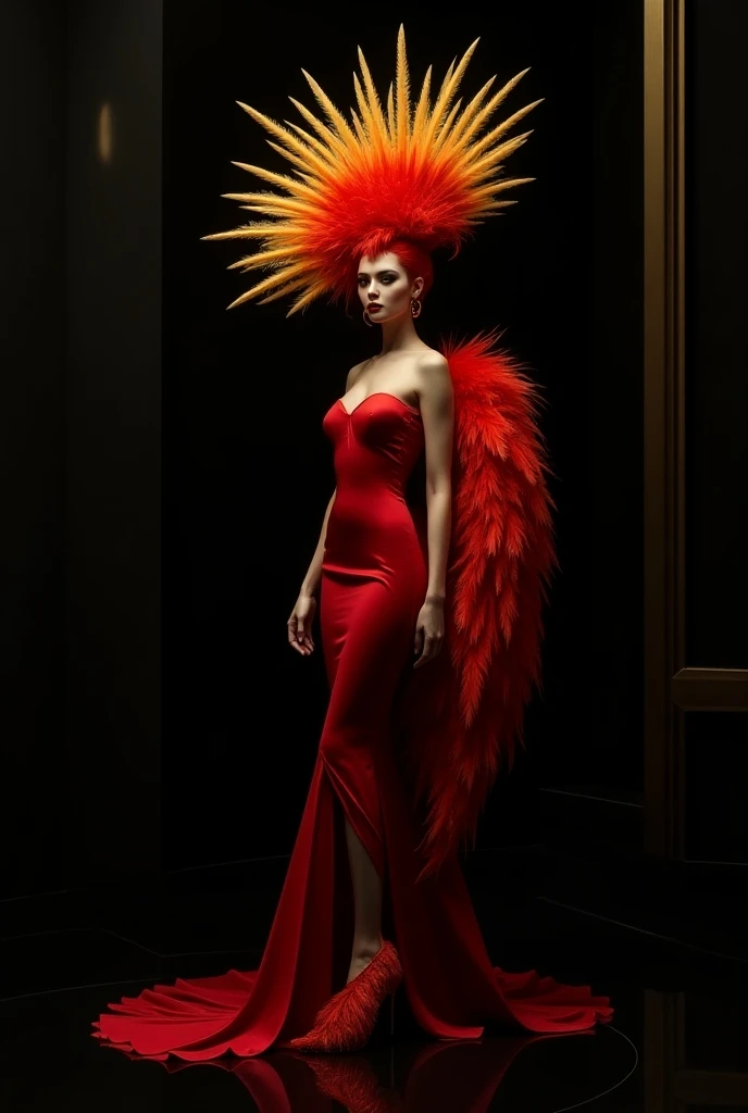 Tall , sculptural body, Through the yellowed , Pointy red hair with orange feathers 
Ruby red satin stone fire dress
Large red feather and leg coat 
High heels, long feathers, orange 
makeup;  black eye shadow 

Scenario : luxury store, black walls,  Black...