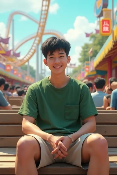 30yo asian guy clean cut haired skinny body wearing oversize green cargo t-shirt with cargo cream shorts sit at bench in the crowded happy themepark, he looking to the camera smiling, and roller coaster rail from a far