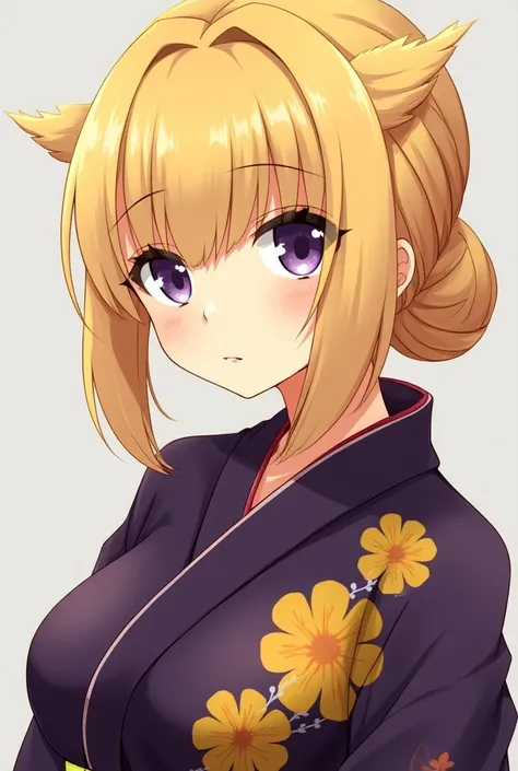 A 2d anime girl in demon slayer anime artstyle aka kimetsu no yaiba with straight hair in bangs , two flicks around the ears, and a stylish bun on the back of head. Yellow hair, dark purple eyes. Wearing dark purple kimono with yellow floral design.