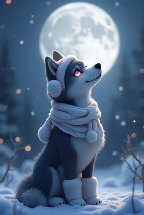 White and black wolf, pink pastel eyes, rose white earmuffs, white puffy scarf, puffy gloves, looking at the moon
