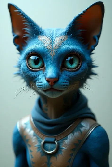 Close up photography of intelligent humanoid lyran alien,feline race detail blue fur with brown pattern skin in bulk big body, Wide large blue eye, wear silver suits