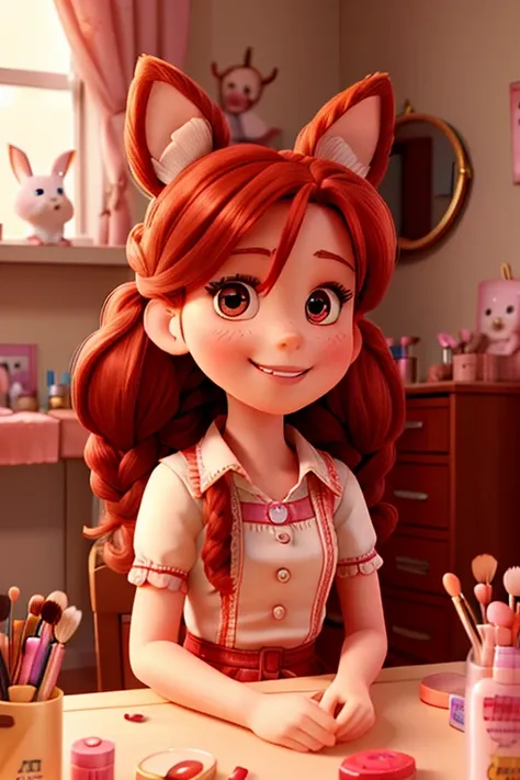  Redheaded girl in her room sitting at the dressing table doing her makeup. She holds a lipstick and has a cute smile Long hair , Blush, hair ornament, toys,  rabbit ears,  ,  Hair with two high braids , brilliance, 