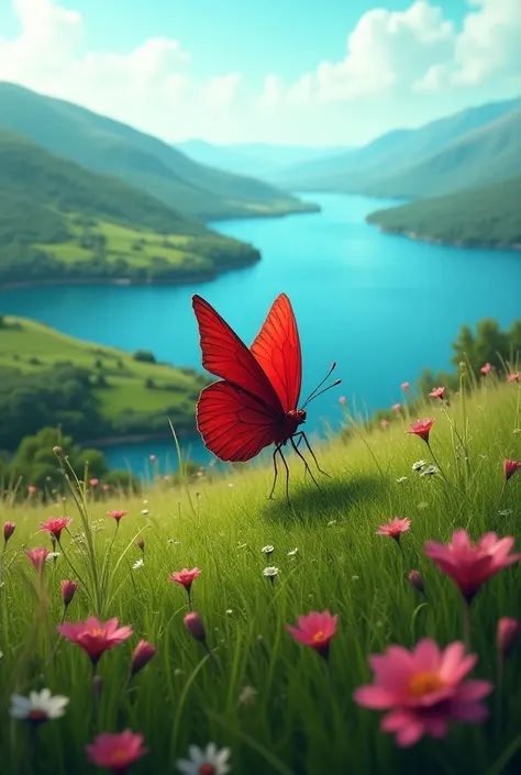 Landscape with blue water ,  grass with flowers and in the center a red butterfly with blood