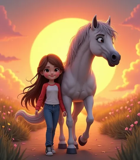 A round-faced teenage girl, Very long brown hair,  wearing a white t-shirt with red sleeves, jeans and black sneakers,  and at their side a white horse with a bright gray mane , Walking towards sunset backwards 