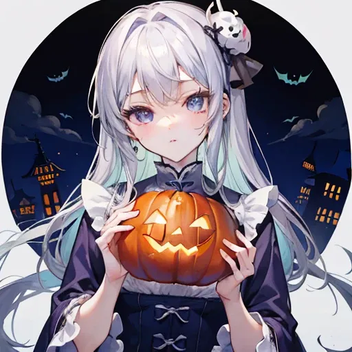 Pumpkin ghost、Halloween、Gray Hair、 Very smooth hair ，  Wears a blue China dress  ，Looking light ， Milky Cry ， very cute， Shes a pretty girl with a kind personality.