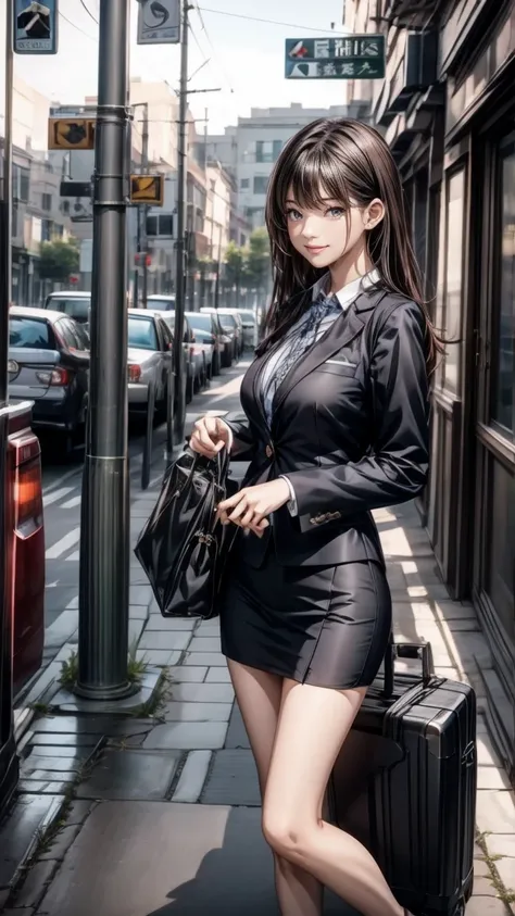 Asian woman wearing a skirt and high heels leaning on a suitcase,A 20-year-old woman wearing a skirt suit, she世界で最も美しい女優である., Her detailed face, The perfect balance of her body, she上半身にシャツを着て、Wearing a fitted blazer and skirt suit。., Perfect shape of cover...