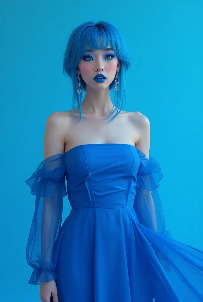 Hannahowo, blue, blue hair, blue lipstick, blue dress, blue eyes, blue eyebrows, blue eyelashes, blue dress, blue earrings, blue jewelry. Full body